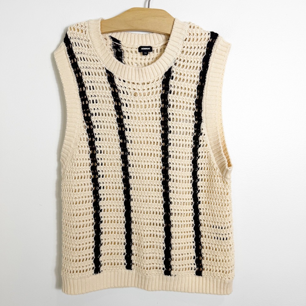 Monrow Sweater Vest Women Medium Cream Black Striped Crochet Knit Cotton Top